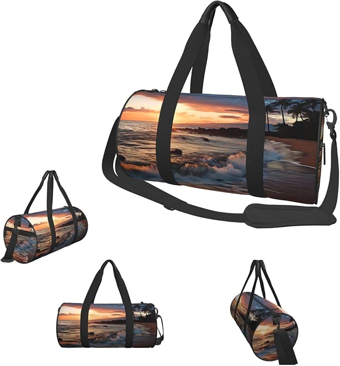 Beach Maui Hawaii Sunset Sea Waves Clouds Sports Gym Bag for Women Men Travel Duffel Bag Tote Weekender Bag Canvas Carry on Overnight Bag for Travel Swimming Fitness Workout Sports Duffle Bag