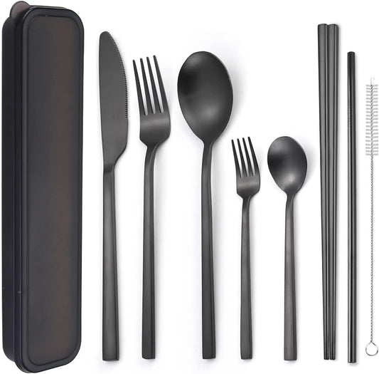 AARAINBOW 6 Pieces Stainless Steel Flatware Set Portable Reusable Cutlery Set Travel Utensils Set Including Chopsticks Knife Fork Spoon Straws Cleaning Brush Dishwasher Safe (B-Black)