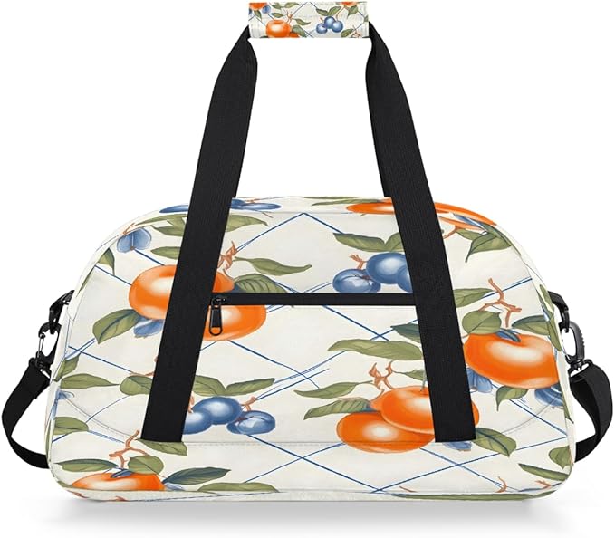 Travel Duffle Bag, Orange Fruit Blue Check Waterproof Weekender Overnight Bags for Women Men Lightweight Carry on Duffle Gym Bag for Travel, Sports, Fitness, Workout