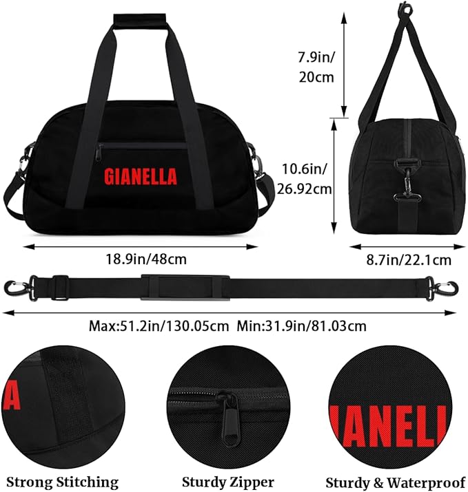 Black Personalize Kids Duffel Bag With Custom Name Text Carry-On Overnight Travel Gym Lightweight Dance Sports Bags For Boys Girls Kids