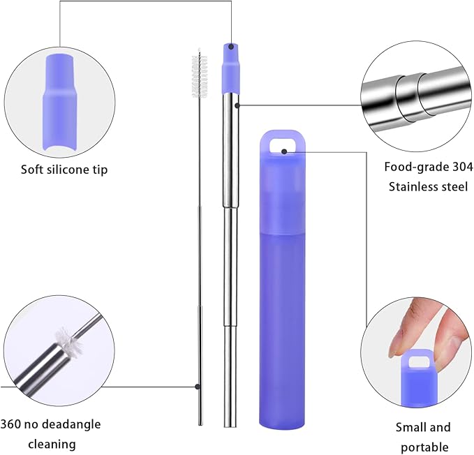 NAIVELY-Reusable Metal Straws 3 Pack Collapsible Stainless Steel Straw,travel straw with case and Cleaning Brush,Retractable Portable Pocket Straws(Gray, Red, Purple orchid, Telescopic brush)