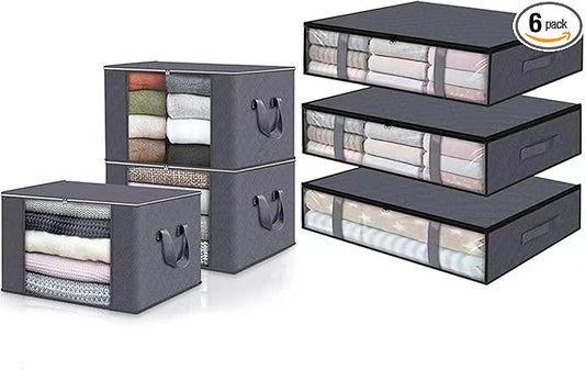 6 Pack 40.5L/90L Closet Organizers Storage Bins With Lids Under Bed Storage Containers Foldable Blanket Storage Bags For Moving, Bedding, Comforters, Sheets, Travel, Blankets