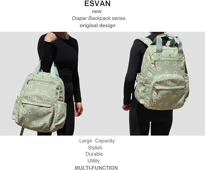 Diaper Bag Backpack, Large Capacity Multifunction Baby Essentials Fashion Travel Pack Linen Canvas office Laptop Bag (Corduroy Matcha Daisy)