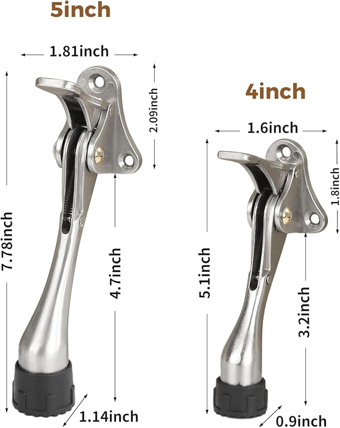 Kickdown Door Stopper 5Inches - 2 Packs One Touch Adjustable Height Door Stop for The Bottom of Door The Bottom of Door Aluminum Alloy Metal Door Stopper with Rubber Tip Silver Gray