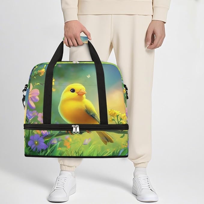 Yellow Birds Floral Sports Duffel Bag Lightweight Gym Bag with Shoe Compartment Waterproof Travel Weekender Bag for Women and Men