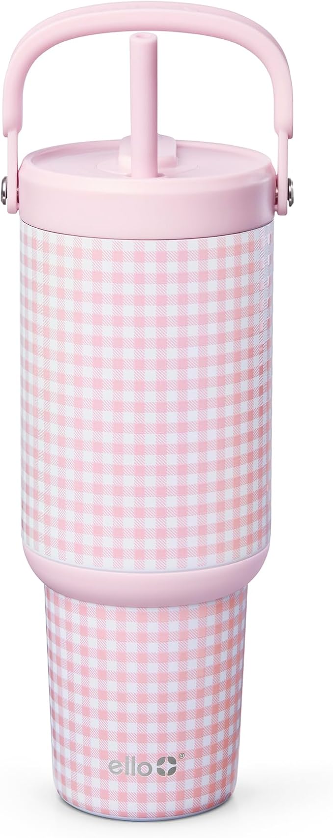 Ello Oasis Go+ 32oz Tumbler with Top Handle and Retracting Straw | Reusable Insulated Stainless Steel Cup, 100% Leakproof Water Bottle, 24 Hours Cold, Cup Holder Friendly For Travel | Pink Gingham