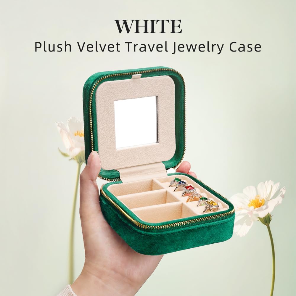 TAIMY Plush Velvet Travel Jewelry Box, Small Travel Jewelry Case, Portable Mini Jewelry Travel Organizer Boxes for Rings Earrings Necklaces Bracelets(Emerald Green,with Mirror)