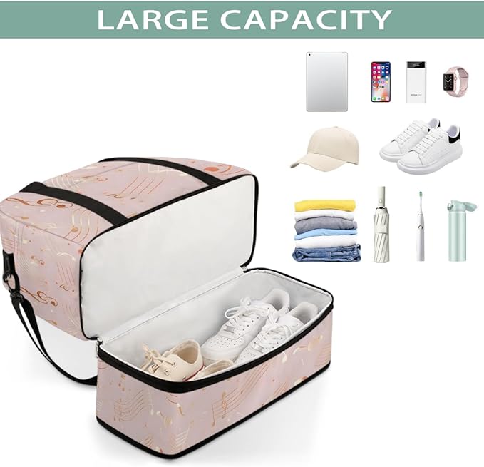 Pink Gold Musical Note Large Weekender Bag with Shoe Compartment Travel Duffel Bags for Women Carry On Hospital Overnight Bag Foldable Personal Item Travel Bags Tote Gym Sports Airplanes
