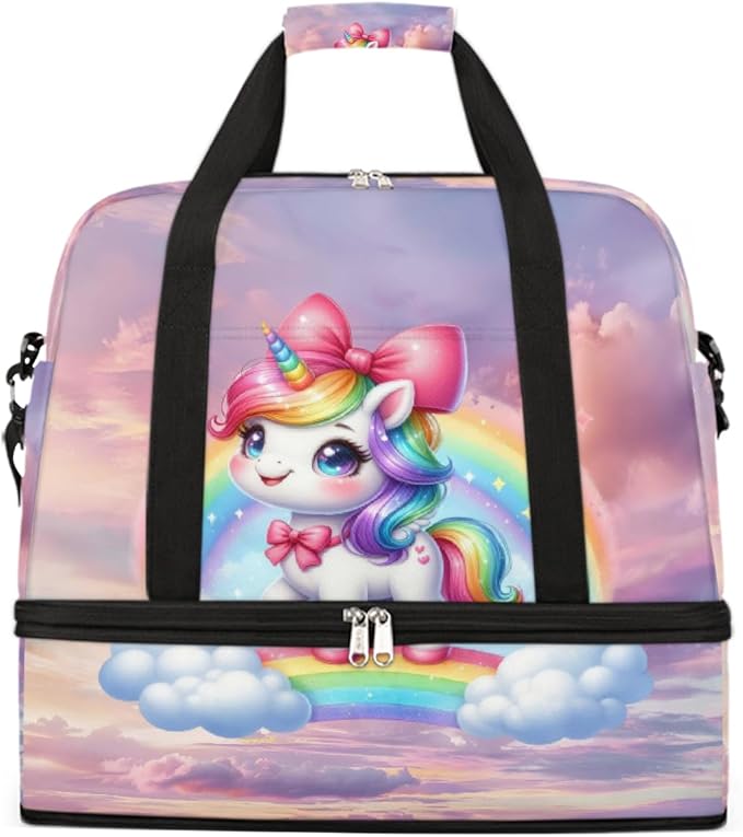 Rainbow Animal Unicorn Large Weekender Bag with Shoe Compartment Travel Duffel Bags for Women Carry On Hospital Overnight Bag Foldable Personal Item Travel Bags Tote Gym Sports Airplanes