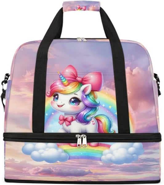 Rainbow Animal Unicorn Large Weekender Bag with Shoe Compartment Travel Duffel Bags for Women Carry On Hospital Overnight Bag Foldable Personal Item Travel Bags Tote Gym Sports Airplanes