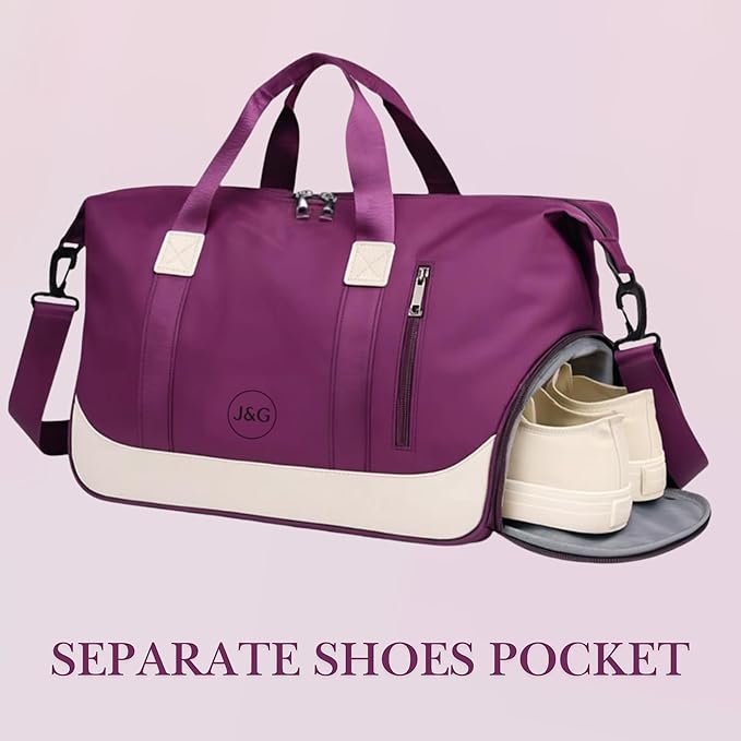 J&G Waterproof Gym Duffel Bag – Lightweight Travel & Sports Bag with Shoe Compartment and Wet Pocket for Men & Women – Carry-On Weekender for Gym, Beach, Trips – 8 Colors (Purple)