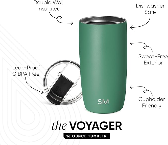 Simple Modern Travel Coffee Mug Tumbler with Flip Lid | Reusable Insulated Stainless Steel Cold Brew Iced Coffee Cup Thermos | Gifts for Women Men Him Her | Voyager Collection | 16oz | Basil