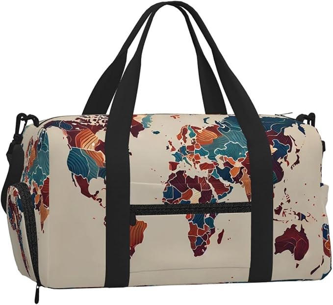 World Map Outline Print Gym Bag with Shoe Compartment for Women Men, 17.7in Sports Duffle Weekender Tote, Overnight Travel Duffel Bag Carry On