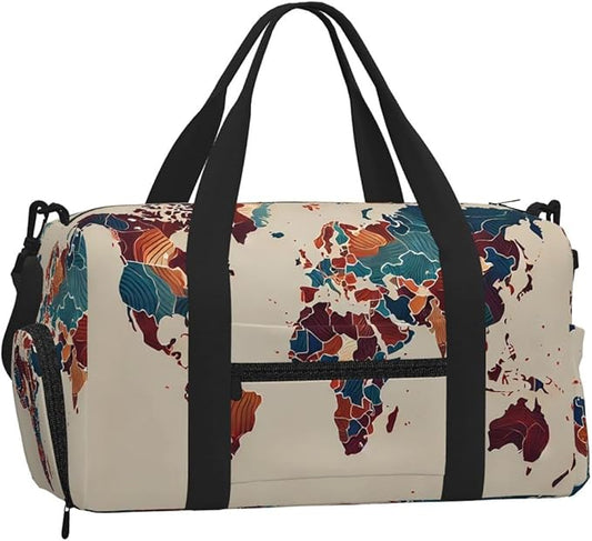 World Map Outline Print Gym Bag with Shoe Compartment for Women Men, 17.7in Sports Duffle Weekender Tote, Overnight Travel Duffel Bag Carry On