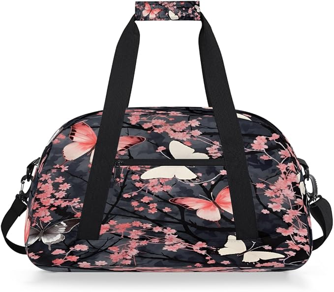 Pink Butterfly Flower Sports Duffel Bags, Water-Resistant Gym Duffle Bag for Men Women, Lightweight Weekender Overnight Bag for Fitness, Workout, Travel