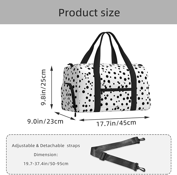 Black White Polka Dot Print Gym Bag with Shoe Compartment for Women Men, 17.7in Sports Duffle Weekender Tote, Overnight Travel Duffel Bag Carry On