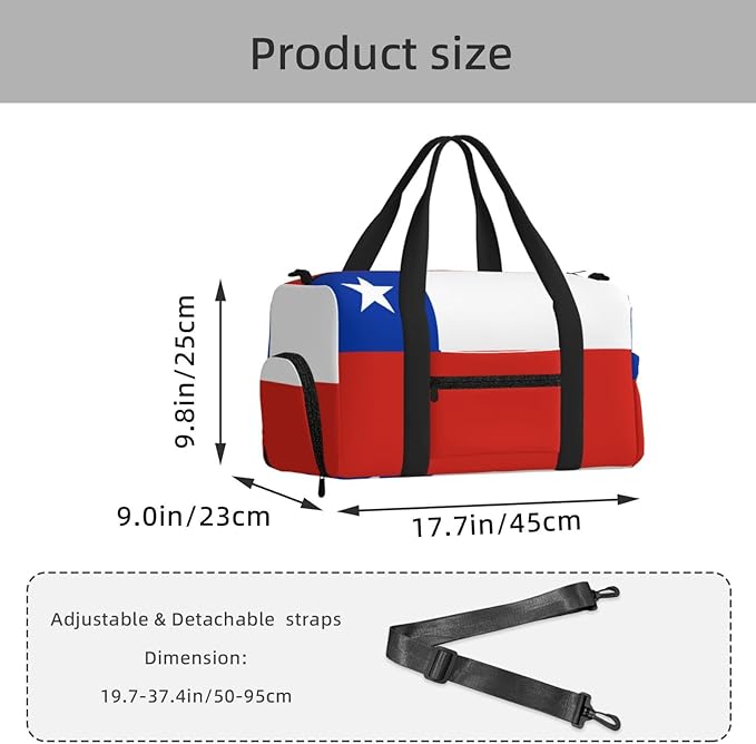 Flag of Chile Print Gym Bag with Shoe Compartment for Women Men, 17.7in Sports Duffle Weekender Tote, Overnight Travel Duffel Bag Carry On