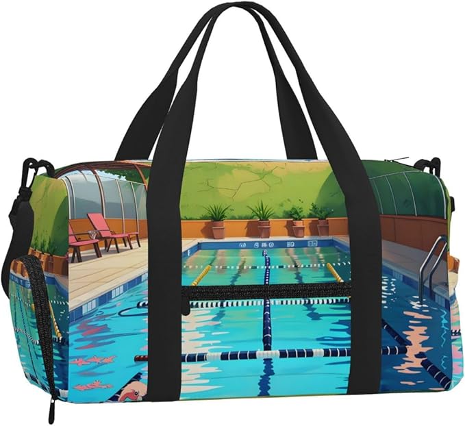 Flamingo and swimming pool Print Gym Bag with Shoe Compartment for Women Men, 17.7in Sports Duffle Weekender Tote, Overnight Travel Duffel Bag Carry On