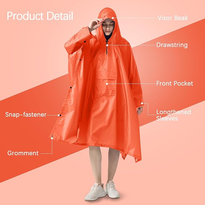 NUUR Rain Poncho for Women Adults Unisex Hooded Zipper Raincoat Waterproof Reusable Hiking Rain Coat with Pockets