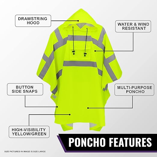 GGS Rain Poncho - High Visibility, Reflective, Wind and Waterproof with Drawstring Hood, Rain Gear for Construction, Camping, Fishing, Hiking, One Size