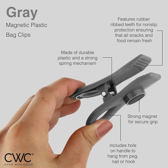 COOK WITH COLOR Bag Clips with Magnet- Food, Chip, Bag Clips for Food Storage with Airtight Seal Grip for Bread, Snack and Food Bags (Gray, Pack of 10)