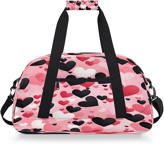 Travel Duffle Bag, Pink Black Heart Waterproof Weekender Overnight Bags for Women Men Lightweight Carry on Duffle Gym Bag for Travel, Sports, Fitness, Workout