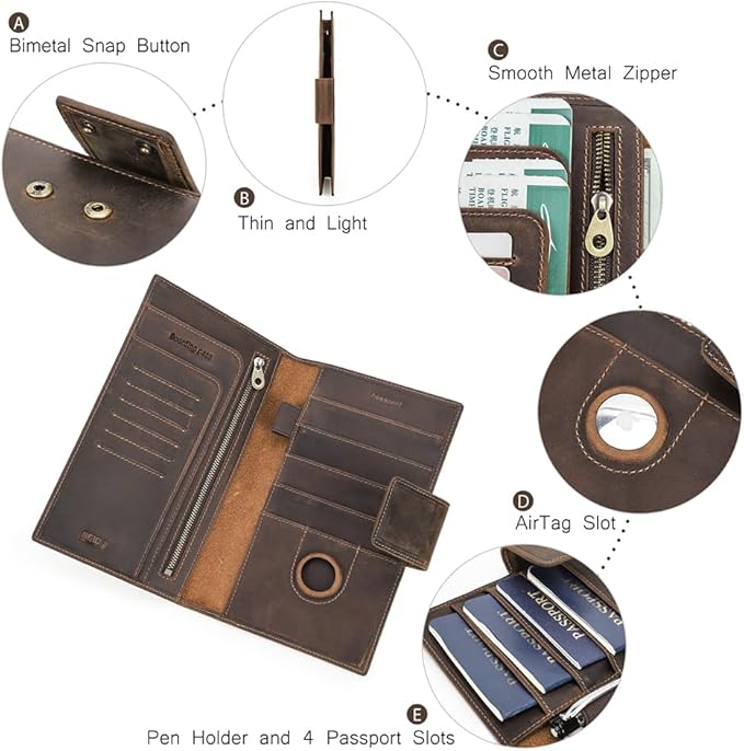 CONTACTS RFID Blocking Family Passport Holder for 4 Full Grain Leather Passport Wallet Compatible with Airtag Travel Passport Cover with 4 Passport Slot, 6 Card Slot (Brown)