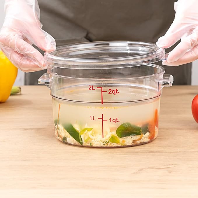 Restaurantware Met Lux 2 Quart Food Storage Containers 10 Round Commercial Storage Containers - Lids Sold Separately With Volume Markers Clear Plastic Food Prep Buckets Space-Saving Storage