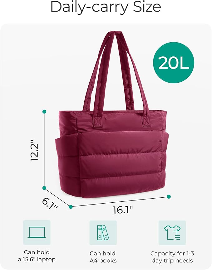 BAGSMART Tote Bag for Women, Lightweight Puffy Tote Bag with Compartments Shoulder Bag Handbag for Travel, Work, Gym | Lightweight, Puffy, Quilted, for Travel, Work