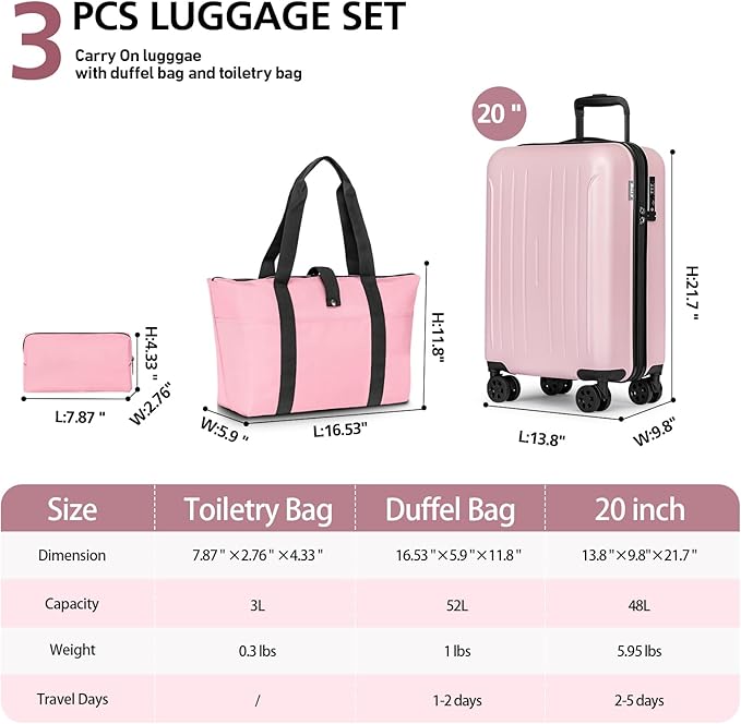 KYME Carry On Luggage Sets 3 Piece 20 Inch Suitcase Set with Duffel Bag ABS+PC Hardshell Travel Luggage with Spinner Wheels TSA Lock (Pink, 3Pcs Set)