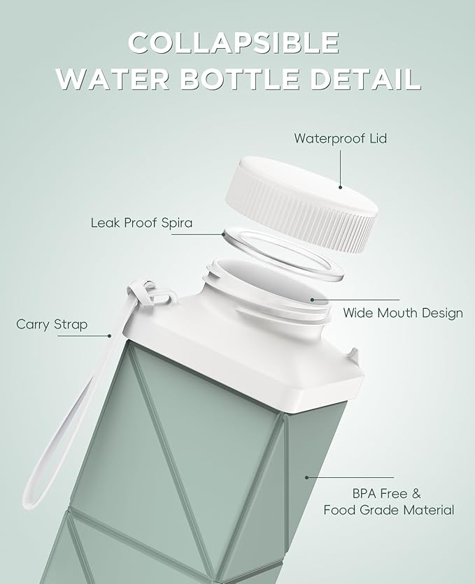 Collapsible Water Bottles 17.4oz(516ML), 2nd Generation Leakproof BPA-Free Travel Water Bottle,Lightweight Reusable Water bottle, Portable for Travel Cycling Gym Camping,Sage Green, 1 Pack