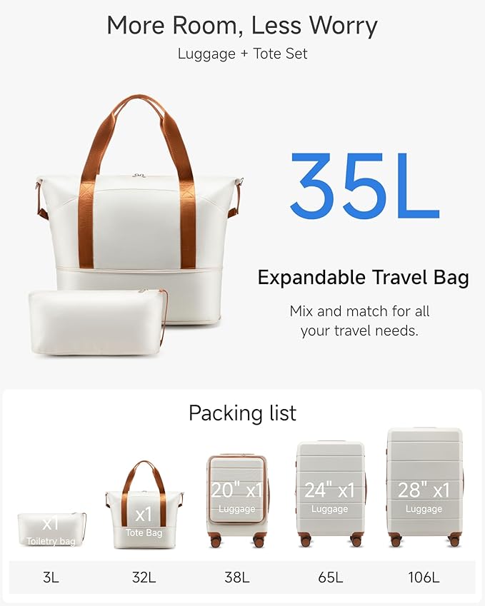 Luggage Sets 5 Piece, H1F Hardside Suitcase With Wheels - Spinner Wheels, TSA Lock, Includes Tote Bag（FX-Lite,Beige,5 Piece Sets）