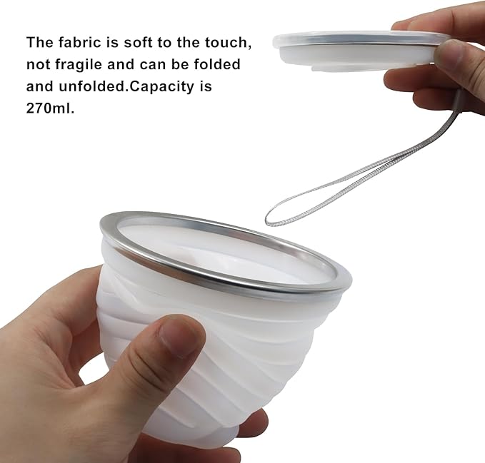 2 Pack Silicone Collapsible Cups for Camping Traveling, Small Portable Foldable Drinking Cup with Lid for Outdoor Hiking (270ml, Transparent/Gray)