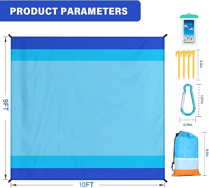 Beach Blanket Oversized Extra Large 10'X 9',Waterproof Sandproof Beach Blanket 2-8 Adults Lightweight Durable for Travel Camping Hiking Picnic (10'X 9', Blue)