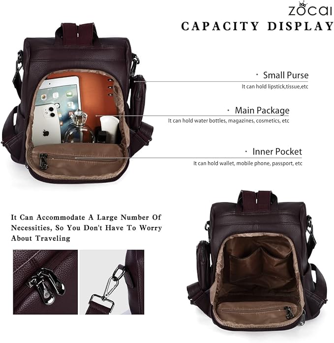ZOCAI Backpack Purse for Women Fashion Backpack Purses PU Leather Daypacks Anti-Theft Shoulder Bag Satchel Purse