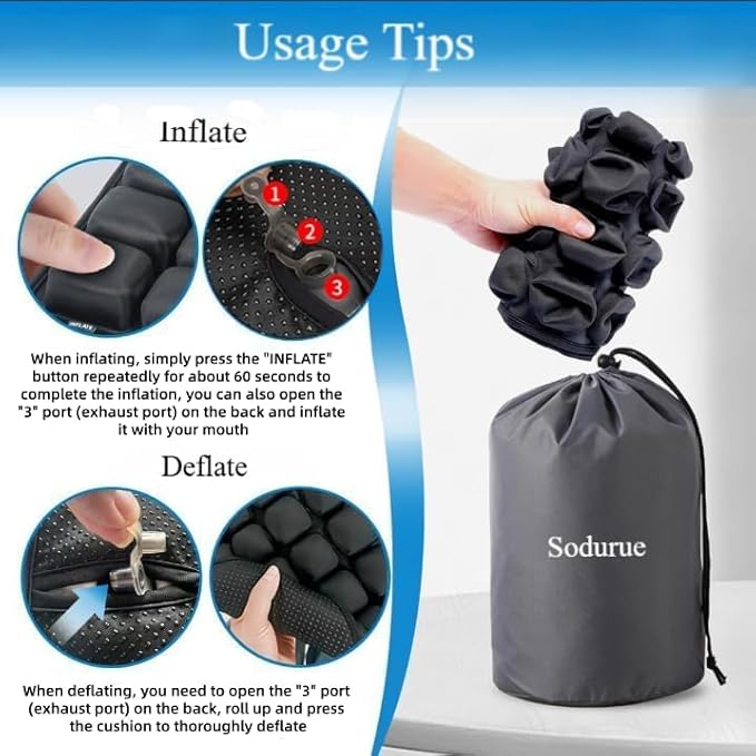 Sodurue Travel Cushion Airplane Seat,Airplane Seat Cushion for Long Flights,Press Type Air Inflatable Wheelchair Seat Cushion,49 Airbags,for Car,Office,Stadium,Ergonomic Comfort Support,Heavy Duty