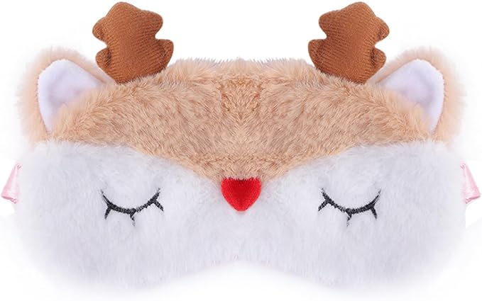 Cute Reindeer Plush Sleep Mask - Soft Fluffy Eye Cover Blindfold for Kids, Girls and Adults - Beige