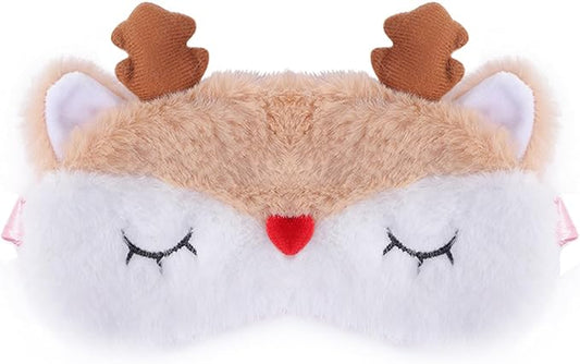 Cute Reindeer Plush Sleep Mask - Soft Fluffy Eye Cover Blindfold for Kids, Girls and Adults - Beige