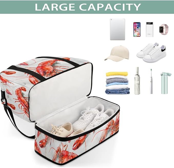 Red Animal Lobster Large Weekender Bag with Shoe Compartment Travel Duffel Bags for Women Carry On Hospital Overnight Bag Foldable Personal Item Travel Bags Tote Gym Sports Airplanes