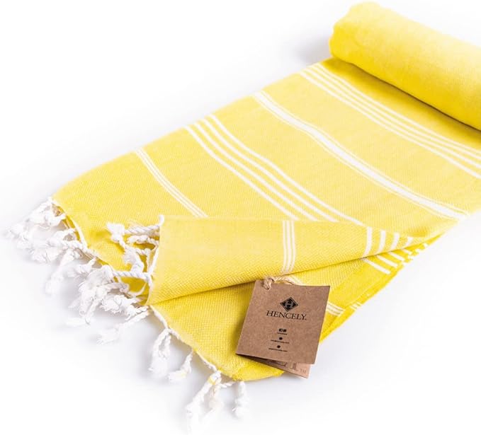 Hencely Turkish Beach Towel 37x68 Oversized, Sand-Free, Quick-Dry, Lightweight - Travel Essential for Pool & Bath - Striped 100% Cotton Bathroom Towels Accessories Gift (Yellow)