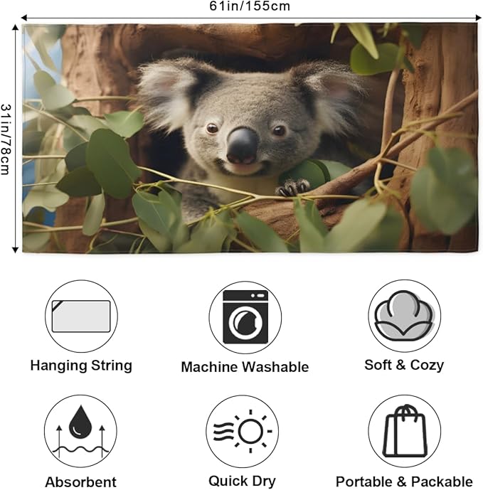 Cute Koala Tree Hole Beach Towel, Large Microfiber Quick Dry Lightweight Pool Bath Towels Sand Free Beach Blanket for Summer Cruise Yoga Camping Travel Vacation Essentials 31 x 61 in