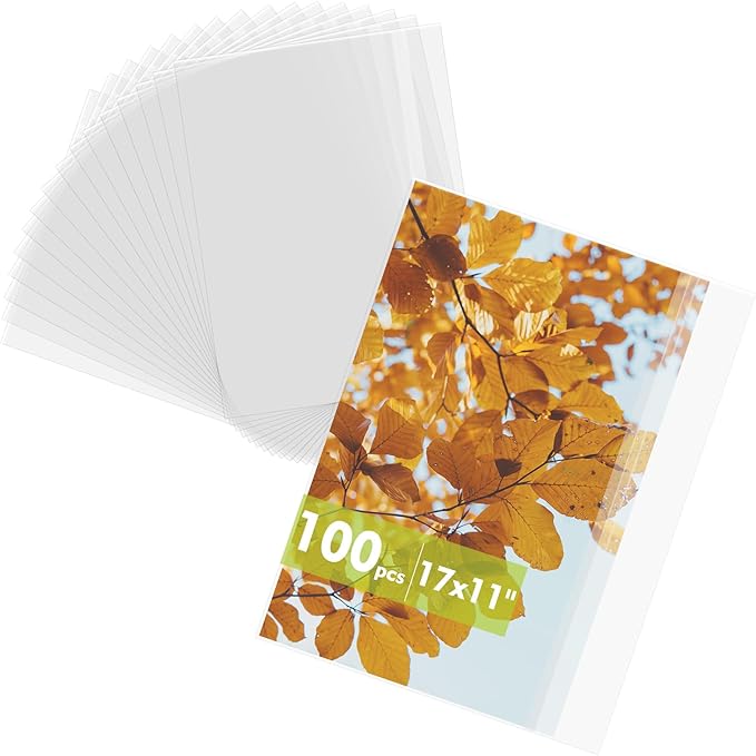 Mat Board Center 17x11 Inches Crystal Clear Sleeves Storage Bags, 100 Pack Self Sealing Cellophane Bags for 11x17 Art Prints, Photos