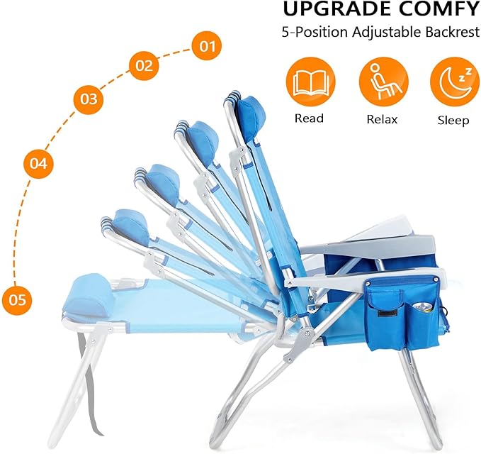 VINGLI Backpack Beach Chair 2 Pack, with 5-Position, Cup Holders, Cooler Bag, Towel Bar, Lightweight Folding Beach Camping Chairs for Adults(Blue-13)