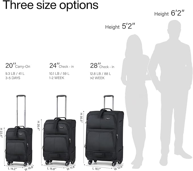 Hanke 24 inch Softside Expandable Luggage with Spinner Wheels, Medium Size Suitcase Checked Luggage Travel Luggage Rolling Suitcase,Black