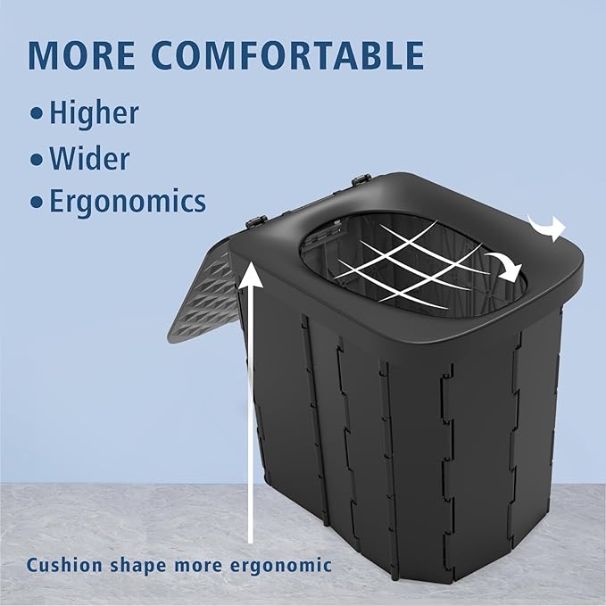 XL Portable Folding Camping Toilet - Travel Potty for Adults, 12 Toilet Bags, 12 Pack Liquid Waste Gel, Black