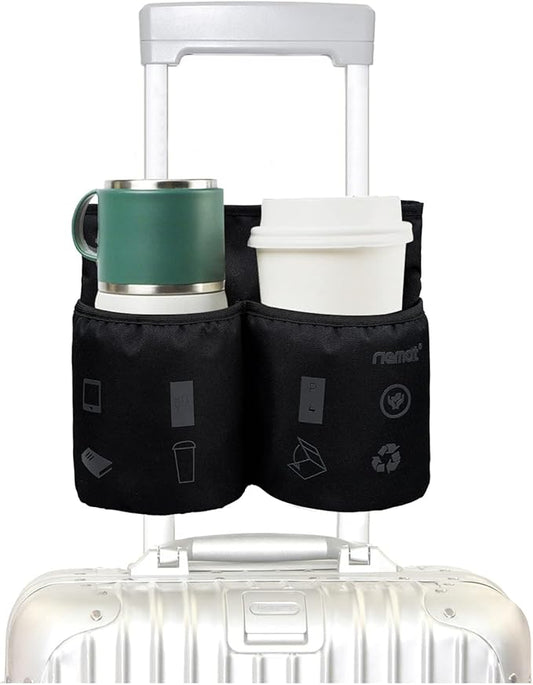 riemot Luggage Travel Cup Tablet Holder - Hold Ipad Books Passports Tickets Water Bottles - Fits Roll on Suitcase Handles - Gifts for Flight Attendants Travelers Accessories Black