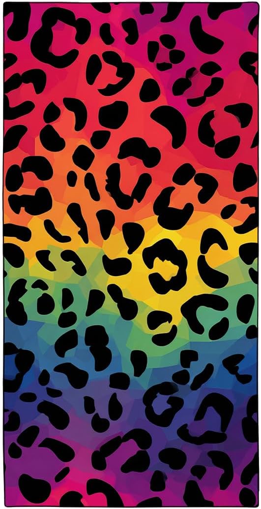 Rainbow Leopard Print Beach Towel, 36"x72" Sand Free Quick Dry Thin Lightweight Microfiber Towel Gifts for Travel