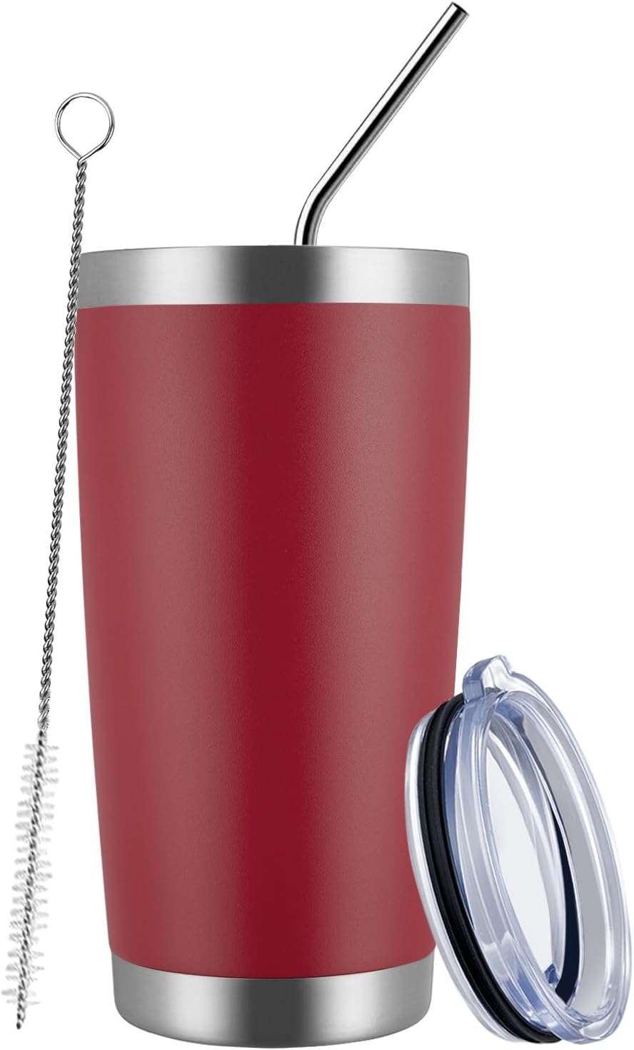 MEWAY 20oz Tumbler Double Wall Vacuum Insulated Travel Mug, Stainless Steel Tumblers with Lid and Straw, Powder Coated Coffee Cups for Cold & Hot Drinks (Red, Set of 1)