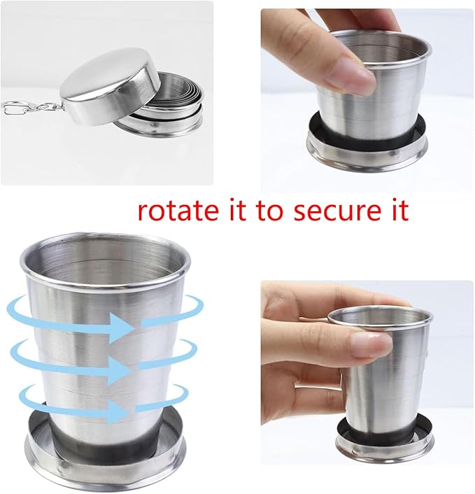 MY MIRONEY 2PCS Stainless Steel Collapsible Cup Telescopic Shot Glasses Portable Outdoor Folding Cup with Metal Keychain and Lid for Travel, Camping, Picnic (2.5 Oz)