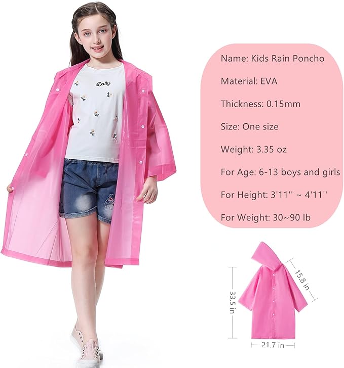 Kids Rain Poncho, Reusable EVA Children Raincoat for 6-13 Girls Boys, Waterproof Rain Jackets Rainwear with Hood
